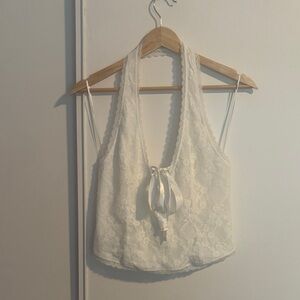 Lace Halter Tie Front Women's Top in White